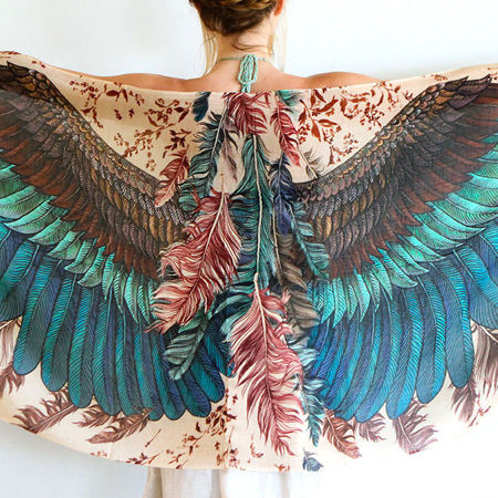 Stunning silk cashmere exotic bird feathers wrap