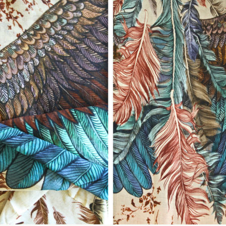 Stunning silk cashmere exotic bird feathers wrap